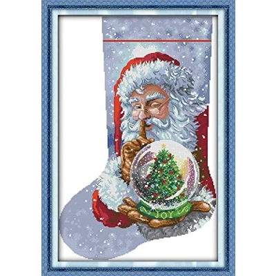 Image of OWN4B Cross Stitch Kits Pre Printed, Christmas Stocking Santa Claus Stamped Pattern 11CT 19.3x28.0 inch DIY Embroidery Kit (Sock 11)