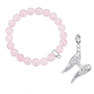 Image of Philip Jones Rose Quartz Gemstone Bracelet with Angel Wings Charm