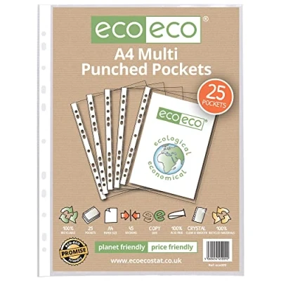 Image of eco A4 100% Recycled Multi Punched Pockets Glass Clear, Transparent Poly Wallet Sheet Protector, 45 Microns (Pack of 25)