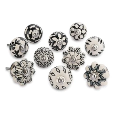 Image of Ajuny Set of 30 Ceramic Knobs Black and White Printed Cupboard Door Drawer Furniture Pulls for Kitchen Cabinets Bathroom Dresser Drawers Handmade Pottery Decorative