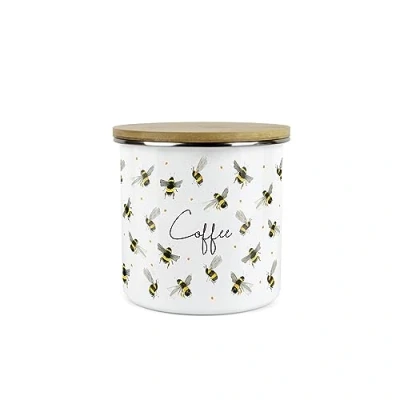 Image of Purely Home Scattered Bees Coffee Canister White Metal Enamel Kitchen Medium Sized Food Storage Container