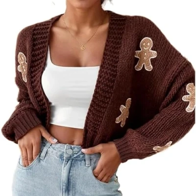 Image of Gingerbread Sweater, Sweater Women, Cardigan, Women&#039;s Christmas Open Front Cropped Sweaters(Coffee,L)