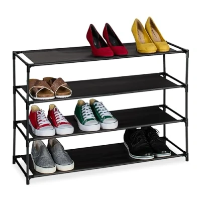 Image of Relaxdays Shoe Rack, with 4 Levels, Metal Frame, Fabric, Plug Together, Organisation, Hallway Storage, Black, Fleece, tier