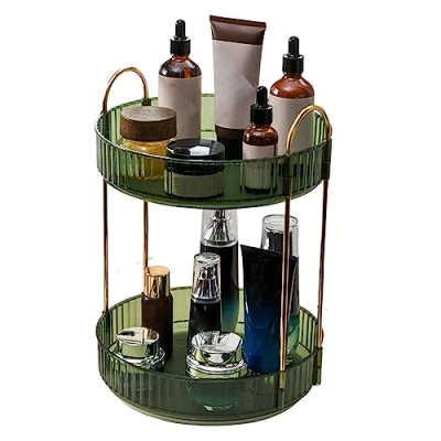 Image of 360 Rotating Makeup Organiser,Cosmetic Storage Skincare Spinning Holder Lipsticks Brushes Perfume Display Stand Box for Vanity Desk, Dresser, Bathroom (Green 2Tier)