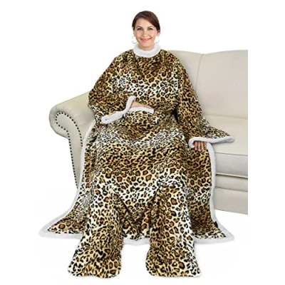 Image of Catalonia Classy Leopard Wearable Sherpa Blanket with Sleeves and Foot Pocket, Soft Cosy Fleece Slankets for Women Warm Fluffy Plush Throws Winter TV Sofa Couch 190 x 135 cm