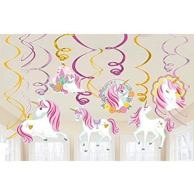 Image of Amscan 671929 Magical Unicorn Kids Birthday Party Hanging Swirls Decorations 12 Pack