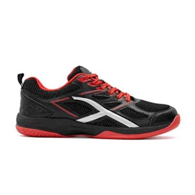 Image of HUNDRED Xoom Non Marking Professional Badminton Shoes for Men Material: Faux Leather Suitable Indoor Tennis, Squash, Table Basketball &amp; Padel (Black/Red, Size: EU 42, UK 8, US 9)