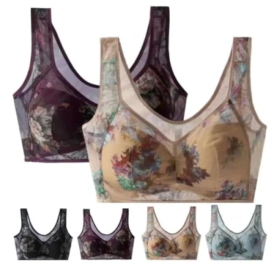 Image of GOOEIC Ellebloom Ice Silk Lace Cooling Comfort Bra, Bra for Older Women (Beige+Purple,4L)