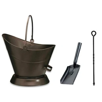Image of Heavy Duty Metal Fireside Waterloo Bucket Fireplace Hod Scuttle Coal Fuel Ash Wood Log Storage Option with Shovel and Poker (Bronze/Oxy Bucket+Shovel&amp;Poker)