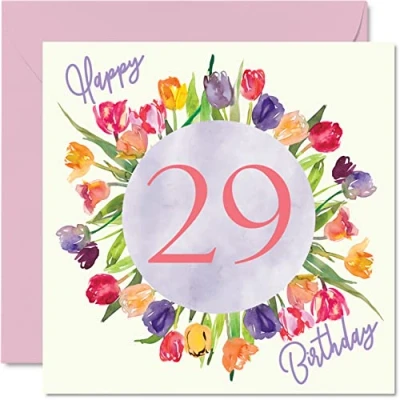 Image of Beautiful 29th Birthday Cards for Women Watercolour Tulips Flowers Bouquet Happy Card Her Daughter Auntie Sister Friend Gifts, 145mm x Lovely Floral Greeting Gift