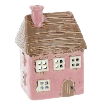 Image of Shudehill Giftware Village Pottery Thatched Roof House Tealight Holder Aqua, Blue, Pink &amp; Cream (Pink)