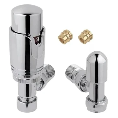 Image of Team Controls Angled Thermostatic Radiator Valve TRV &amp; Lockshield 10mm x 1/2&#039;&#039; Chrome Pack inc 2no. Inset reducers
