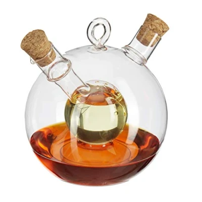 Image of Relaxdays 10027668 Oil and Vinegar Dispenser 2 in 1, Glass Bottle with Cork Stoppers, 375/50 ml Capacity, Transparent, Light Brown