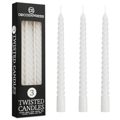 Image of Dinner Candles Pack 3 or 6 Twisted White Red Gold Coloured Spiral Non Drip Long Lasting Hours Burn Scented (White, of 3)