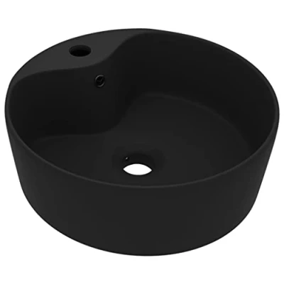 Image of vidaXL Luxury Wash Basin: Matt Black Ceramic Sink with Overflow Versatile, Chic and Timeless Design for Bathroom, Washroom, Cloakroom Easy Tap Installation Cleaning