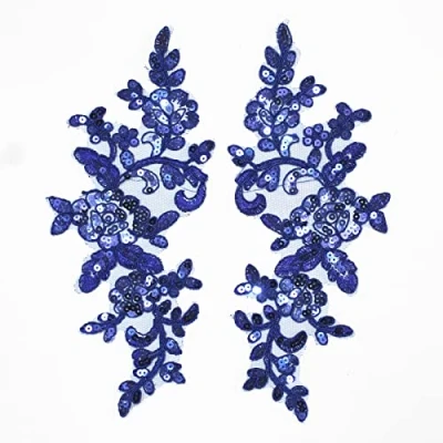 Image of SUNMOVE Pair of Embroidery Sequin Lace Applique Sewing Flower Fabric Collar Patch Motif Wedding Gown Dress Bridal DIY Crafts （Blue