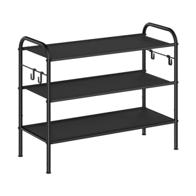 Image of SONGMICS Shoe Rack, 3 Tier Organiser, Fabric Shelf Storage with 4 Hooks, Holds up to 12 Pairs of Shoes, Height Adjustable Rack for Entryway, Hallway, Closet, Easy Assembly, Ink Black