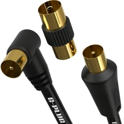 Image of 2m Long TV Aerial Cable Right Angle with Plug Adapter Coaxial Satellite Antenna AV Lead Male to RF Connector Coax Extension Gold FreeView, FreeSat, Sky Box, BT