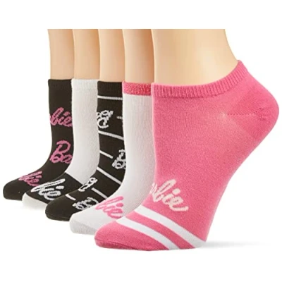 Image of Barbie Womens 5 Pack No Show Socks, White Assorted, 8 10 UK