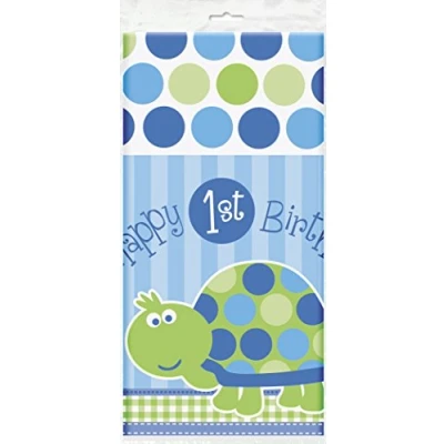 Image of Unique Party 40443 Plastic Blue Turtle 1st Birthday Tablecloth, 7ft x 4.5ft