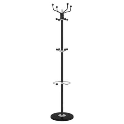 Image of vidaXL Modern Free Standing Coat Stand/Umbrella Holder Powder Coated Iron with Marble Base, Multiple Hooks, Black, 180cm Tall