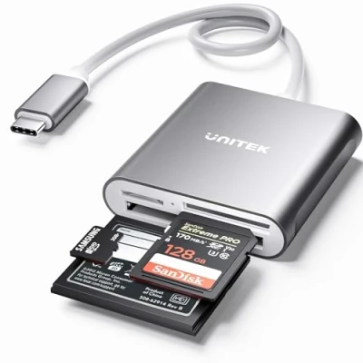 Image of UNITEK USB C SD Card Reader, Aluminum 3 Slot 3.0 Type Flash Memory Reader for Device, Supports SanDisk Compact and Lexar Professional CompactFlash Grey