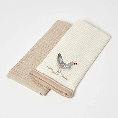Image of HOMESCAPES Cream Tea Towels 100% Cotton Set of 2 Waffle Teatowels Super Absorbent Lint Free Kitchen with Embroidered “Rooster Design, 40 x 60 cm