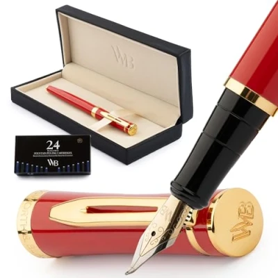 Image of Wordsworth &amp; Black Fountain Pen Set, Bent Nib, Includes 24 Pack Ink Cartridges, Refill Converter Gift Box, Calligraphy, [Crimson Red], Perfect for Men Women
