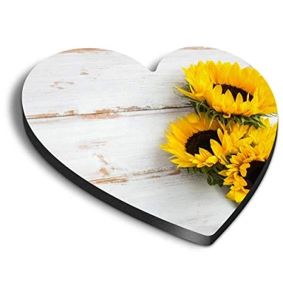 Image of 1 x Heart MDF Magnets Sunflower Pretty Yellow Flowers 14826