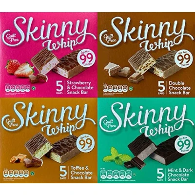 Image of Skinny Whip 25g Chocolate bars Guilt Free 99 Cal 4 Flavours Strawberry Toffee Mint Double 20 Total