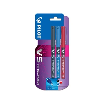 Image of Pilot V5 Liquid Ink Rollerball 0.5 mm Tip (Pack of 3) Black/Blue/Red