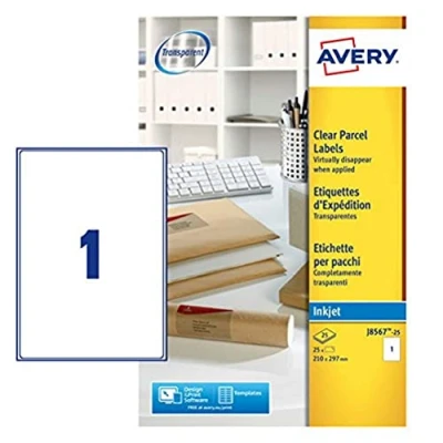 Image of Avery Printable, Customisable Clear Parcel Address Labels, Inkjet Printers, 1 Label per A4 Sheet, 25 Quickdry (J8567)