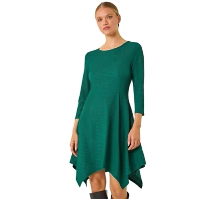Image of Roman Originals Hanky Hem Swing Dress with Pockets for Women UK Ladies Asymmetric Hemline Stretch Jersey 3/4 Sleeve Winter Smart Casual Work Office Knee Length Tunics Forest Size 10
