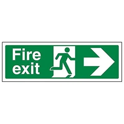 Image of V Safety Fire Exit Arrow Right Sign Landscape 300mm x 100mm 2mm Rigid Plastic, 14004AX R2