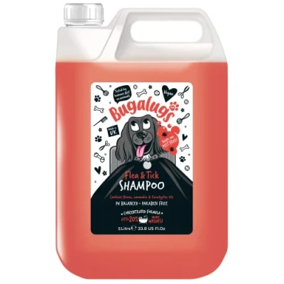 Image of Flea and Tick Dog Shampoo by Bugalugs, Works on Smelly Puppies &amp; Dogs, Contains Neem Oil Eucalyptus Oils, PH Balanced Vegan Pet Shampoo, Used Pro Groomers (5 Litre)