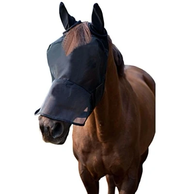 Image of LTG PRO® Horse Pony Cob Fly Mask Net Veil Hood Full Face Cartoon Polyester Ears Nose Protection (Black, Cob)