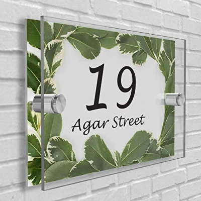 Image of Personalised House Number Plaque in Rectangle shape Glass Effect Acrylic Sign Door Plate Wall Display Premium Quality 2 Part Choose Your Own Design &amp; Font (Greenery)