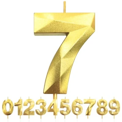 Image of 7th Birthday Candles, Number 7 Candle, Gold Candles for Cake, Diamond 3D Happy Cake Candle Decorations Party Wedding Anniversary Celebration Supplies