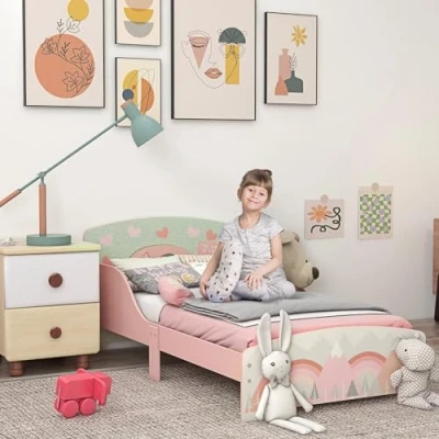 Image of ZONEKIZ Toddler Bed Frame, Kids Bedroom Furniture for Ages 3 6 Years, 77 x 143 60cm Pink