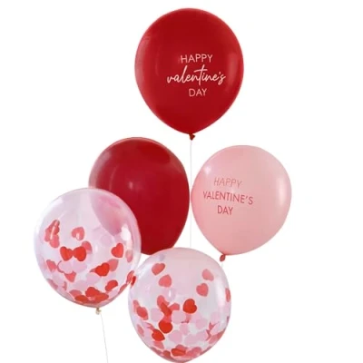Image of Ginger Ray Valentines Balloon Bundle Decorations In Pink and Red with Confetti