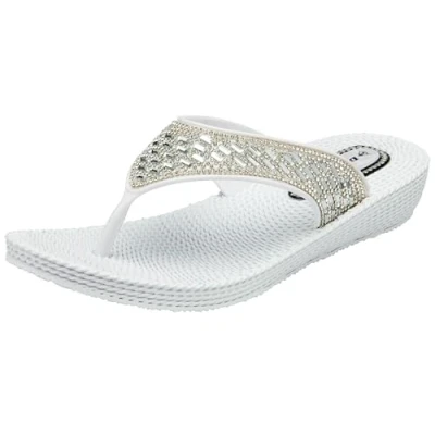 Image of DUNLOP Womens Summer Sandals Sparkly Comfort Low Wedge Casual Diamante Occasion Flip Flops (White, UK Footwear Size System, Adult, Women, Numeric, Medium, 5)