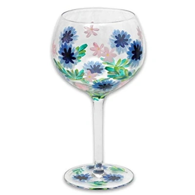Image of Hand Painted Cornflower Wine Cocktail Copa Gin Glass Floral Flowers Cup Liquor