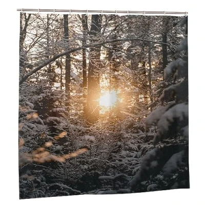 Image of JOOCAR Winter Forest Shower Curtain Nature Morning Sunrise Curtains Watercolor Bathroom Decor Polyester Fabric Waterproof Set with 12 Hooks, 180x180cm