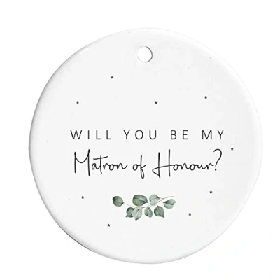 Image of Wedding Party Proposal Hanging Ornament Ceramic Sign Will You Be My Bridesmaid Maid of Honour Matron Sage Green Eucalyptus Theme (Matron Honour)