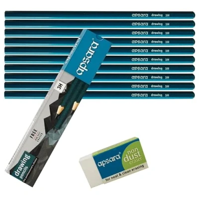 Image of Sketching Pencils, 3H Graded, Pack of 10, Graphite Lead, Professional Artists Drawing Pencils Eraser Pack, Sketch Draw Shade Write, iZOFAX Black Ball Pen
