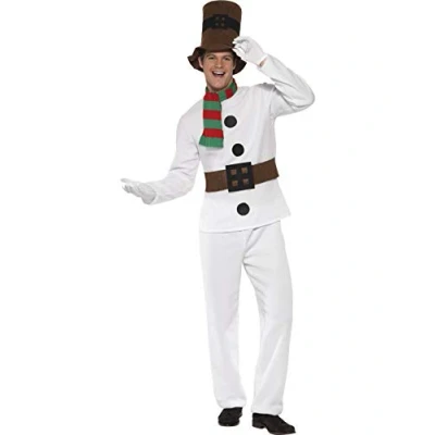 Image of Smiffys Mr Snowman Costume, White with Top, Attached Belt, Trousers, Scarf &amp; Hat, Christmas Adult Fancy Dress, Santa Dress Up Costumes
