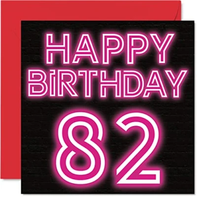 Image of Fun 82nd Birthday Cards for Men Woman Neon Glow Happy Card Dad Mum Great Grandad Grandpa Nanny Grandma Gran Uncle Auntie, 145mm x Greeting Cards,