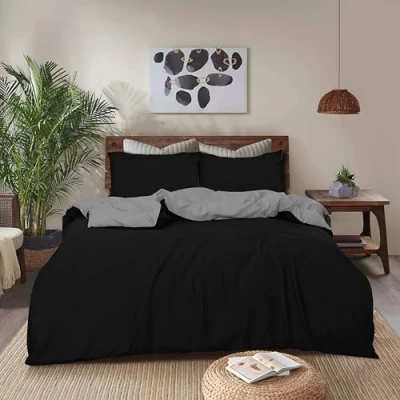 Image of REHAN &amp; CO Single Duvet cover Set Reversible Microfiber Bedding Bed with Matching Pillowcase Grey/Black