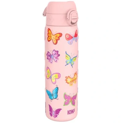 Image of ION8 Steel Water Bottle, 600 ml/20 oz, Leak Proof, Easy to Open, Secure Lock, Dishwasher Safe, Flip Cover, Fits Cup Holders, Carry Handle, Durable, Metal Raised Print, Butterflies Design