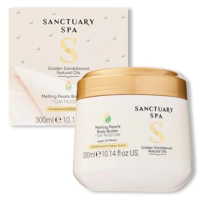 Image of Sanctuary Spa Golden Sandalwood Melting Pearl Body Butter with Shea &amp; Argan Oil, No Mineral Cruelty Free Vegan Moisturiser, 300g